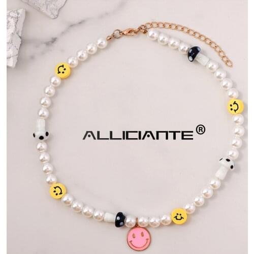 2021 New Sweet Pink Smiley Face Imitation Pearls Beaded Necklace For Women Mushroom Bead Strand Enamel Necklaces Bohemia Jewelry