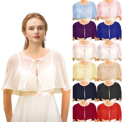Women Chiffon Bolero Evening Prom Party O-Neck with Ribbon Shrug Elegant Simple Soft Casual Cape for Lady Red White Black