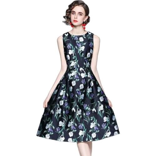 BunniesFairy 2021 Summer New Women Celebrity-inspired Vintage Hepburn Flower Floral Print High Waist Vest Midi Dress Sleeveless