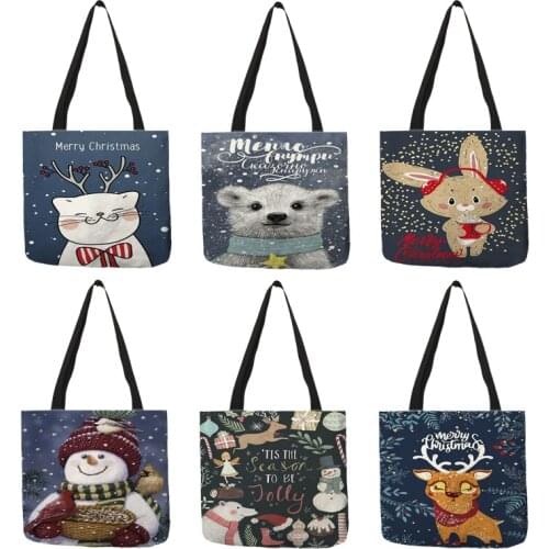 B01101 Cute Christmas Animal Print Shopping Bag Women Handbags 2019 Xmas Cat Elk Snowman Printed Shoulder Bags for School