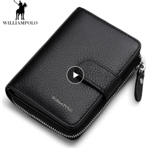 WilliamPOLO Genuine Leather mens wallet Business Credit Card Holder Multifunction Zip Purse Drivers license ID card case short