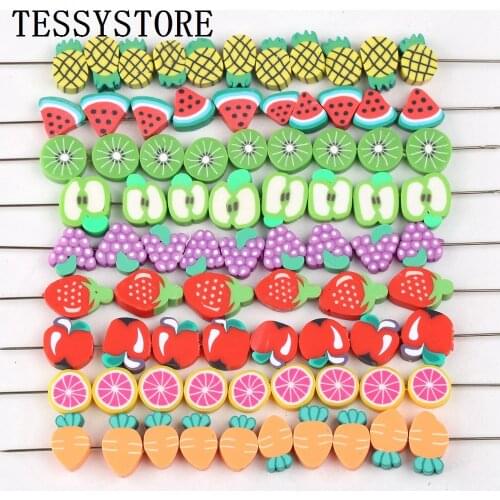 30pcs/lot 10mm Various Fruits Polymer Clay Beads Chip Loose Spacer Beads For Jewelry Making DIY Handmade Bracelets Accessories
