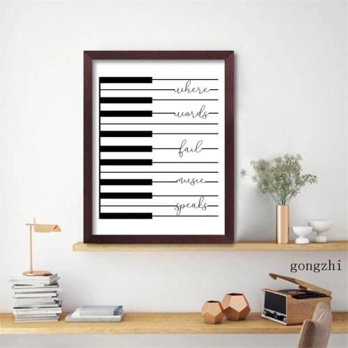 Black White Piano Keys Music Poster Where Words Fail Music Speaks Quote Canvas Painting Wall Art Pictures Musician Decor Gifts
