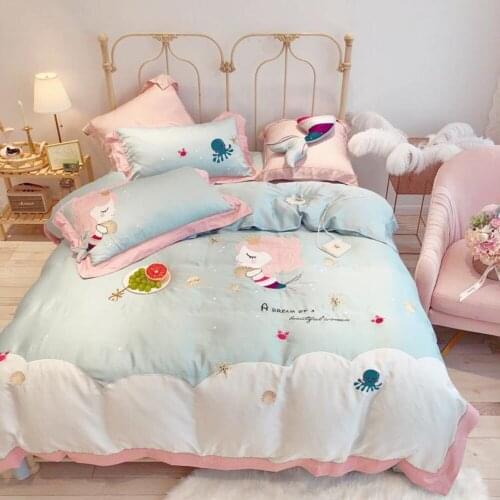 Princess Style Childrens Room Mermaid Embroidery Cotton 60 Duvet Cover Sheet Four-piece Cotton Cute Cartoon Bedding