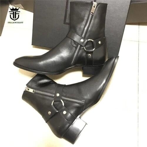 Real Picture Full Genuine Leather Handmade Boutique Wedge Dress Party luxury Denim Boots Wyatt Harry Buckle Strap Zipper Boots