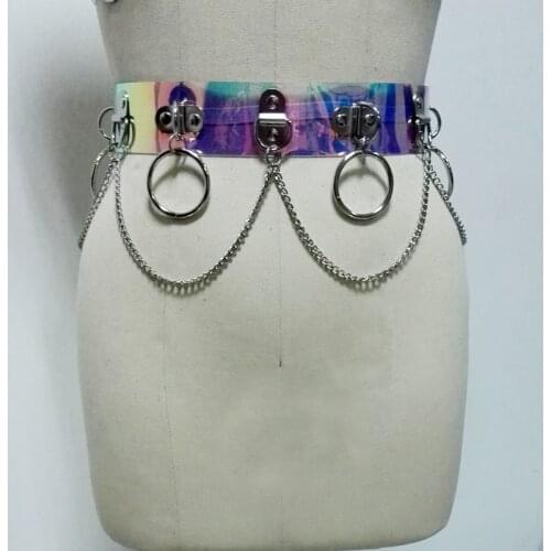 100% Handmade Unisex Men Women Holographic Harness Waist Belt Vinyl PVC Hologram Circle Punk Gothic Chain Link Metal Straps