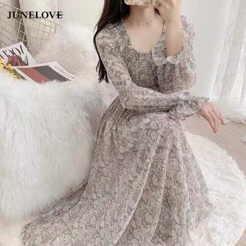 JuneLove Summer Elagant Women Print Dress Sweet Floral Mid-length Slim Chiffon Dress Female Casual Korean Beach Party Dress 2021