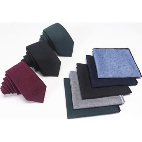 Classic Slim 6cm Solid Cotton Tie Set For Men Neck Tie and Handkerchief Set for Wedding Business Party Gift Pocket Square Tie