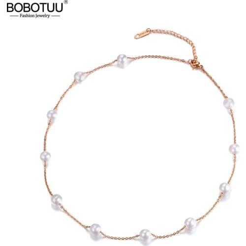 BOBOTUU Classic 11Pcs White Simulated Pearl Chain & Link Necklaces Jewelry Titanium Steel Chokers Necklace For Women BN18009