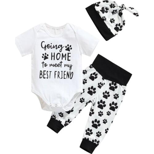 3 Pcs Newborn Casual Outfits, Toddler Letter & Dog Paw Print Short Sleeve Round Neck Romper + Color Block Pants + Knotted Cap