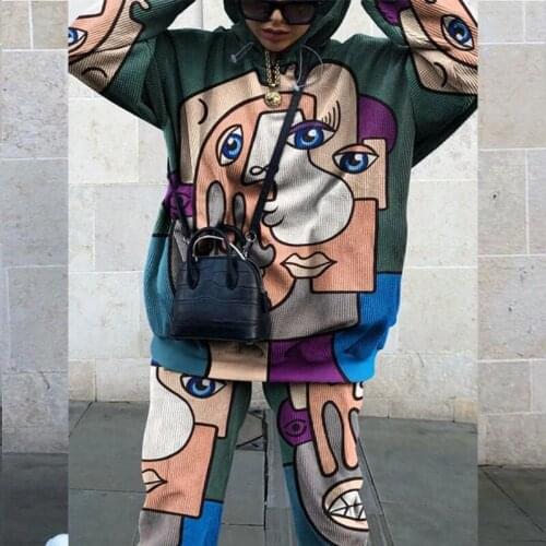 Abstract Face Eyes Print Corduroy Oversize Hoodies Two Piece Sets Women Tracksuit Casual Long Sleeve Pants Thin Sweatshirts Fall