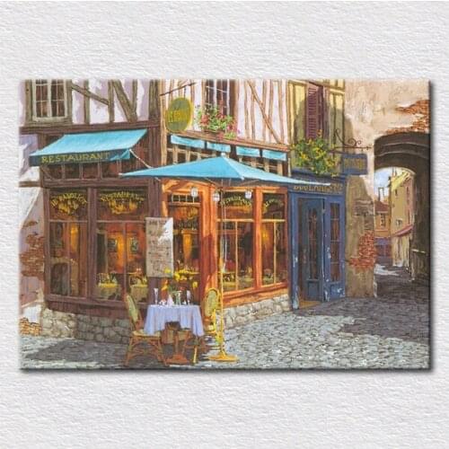 Town landscape Oil painting printed beautiful Corner coffee shop picture printed on canvas