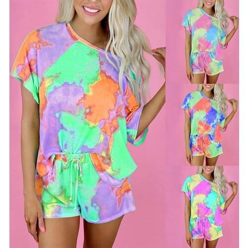 Summer New Hot Style Tie-dye Printing Short-sleeved T-shirt Top, Round Neck Fashion Casual Plus Size Home Service Suit Women