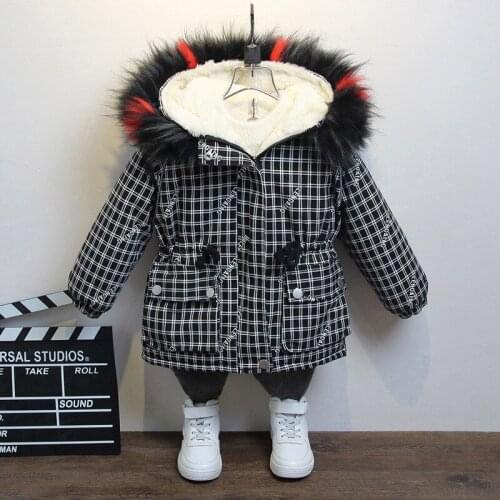 Fashion Plaid Winter Boys Girls Jacket Hooded Fur Edge Spring Fall Thermal Kids Coat Childrens Clothing