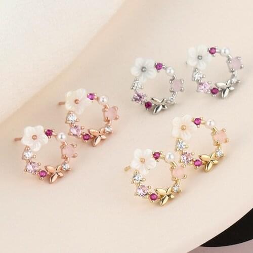 Fashion Romantic Flower Shell Female Stud Earrings, Rose Gold Inlaid Zircon Pearl Earrings, Party Prom Jewelry Accessories