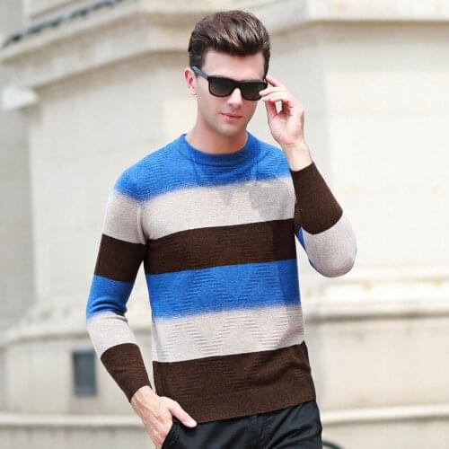 Men Brand 2019 Autumn Fashion Casual Striped wool Sweater Men O-Neck Warm 100% wool Knit Mens Sweaters Pullovers Coat Men