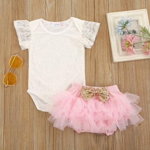 0-24M Summer Lovely Baby Girl’s Clothes Sets Fresh Solid Color Lace Short Sleeve Romper Bow Triangle Shorts