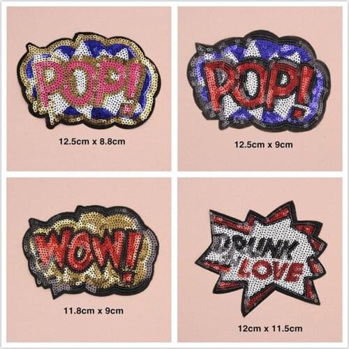 WOW POP Letter Sequins Patches Cap Shoe Iron On Embroidered Appliques DIY Apparel Accessories Patch Clothing Fabric Badge BU84