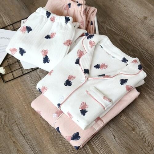 Fdfklak 2PCS Sleep Clothes Autumn Pajamas For Women Loose Cotton Womens Pajamas Pink/White Print Sleepwear Warm Home Suit