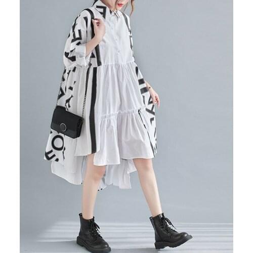 2021 Spring Fall Women Ruffles Dress Plus Size Full Sleeve Summer Midi Dress Loose Casual White Big Swing Cotton Shirt Dresses