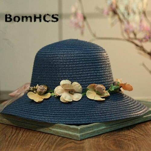 BomHCS Koren Style Women Summer Garland Straw Hat Wide Brim Romantic Flower Travel Girls Sun Caps 17F-313MZ3