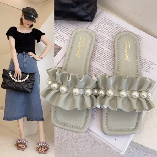 2021 Summer Women Pearls Slippers Pleated Ruffles Female Shoes Bead Flat Slipper Square Toe Slides Fashion zapatos mujer 9184L