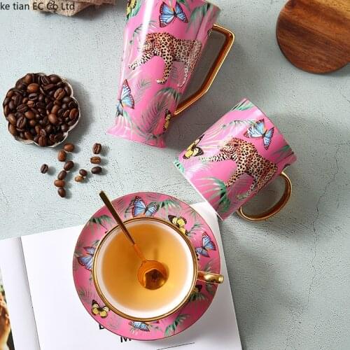 High-end new jungle cheetah bone china coffee cup set European style luxury mug, large capacity water cup, exquisite gift set