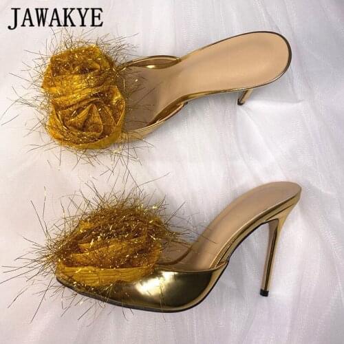Sequined Rose Flower Women Dress Slippers Strange Metal High Heel Party Wedding Shoes Formal Patent Leather Runway Mules Woman