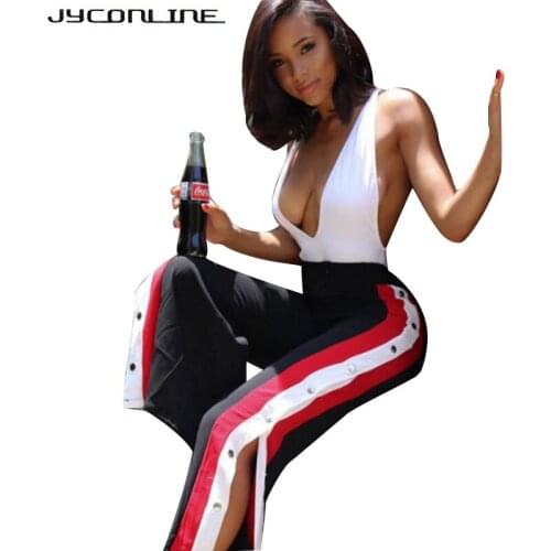 JYConline Button High Split Pants Women Wide Leg Pants High Waist Long Trousers Loose Pants for Women Sexy Pants Party Palazzo