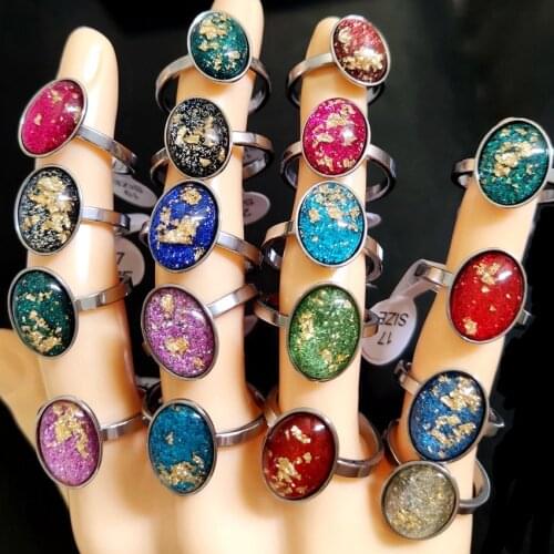 20PCS Oval Shape Amazing Color Mixed Glitter Shiny Sequins Inlay Women Stainless Steel Ring Girls Party Birthday Jewelry Gift