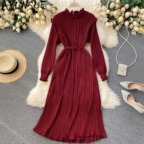 AYUNSUE Woman Dress 2021 Long Pleated Autumn Spring Dress Female Korean Fashion Oversized Chiffon Dresses for Women Clothes 6925