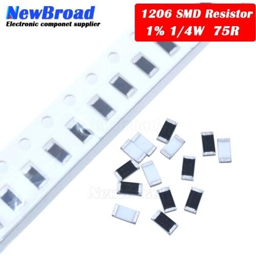 100PCS 1206 SMD Resistor 1% 75 ohm chip resistor 0.25W 1/4W 75R