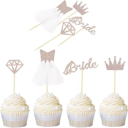 8/16pcs Rose Gold Glitter Bride To Be Diamond Wedding Dress Cupcake Toppers Bridal Shower Wedding Bachelorette Party DIY Decor