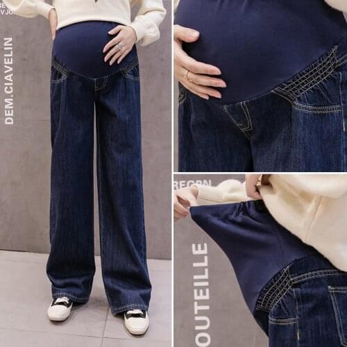955# Autumn Spring Wide Leg Loose Denim Maternity Full Long Jeans Belly Pants Clothes for Pregnant Women Pregnancy Trousers