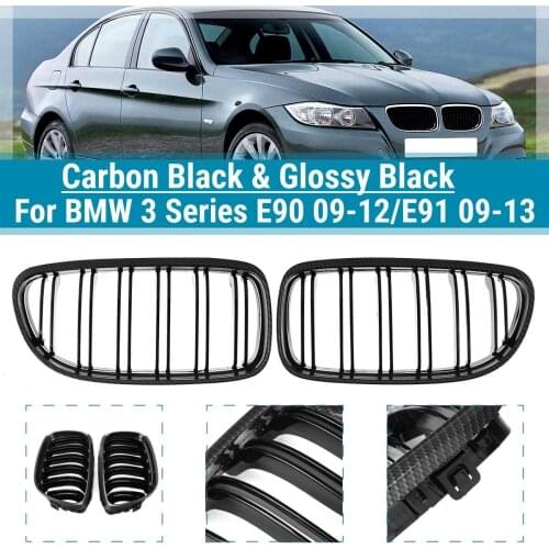 Pair Car Front Racing Grill For BMW 3 Series E90 E91 2008 2009 2010 2011 2012 Gloss Carbon Double Slat Line Kidney Grille