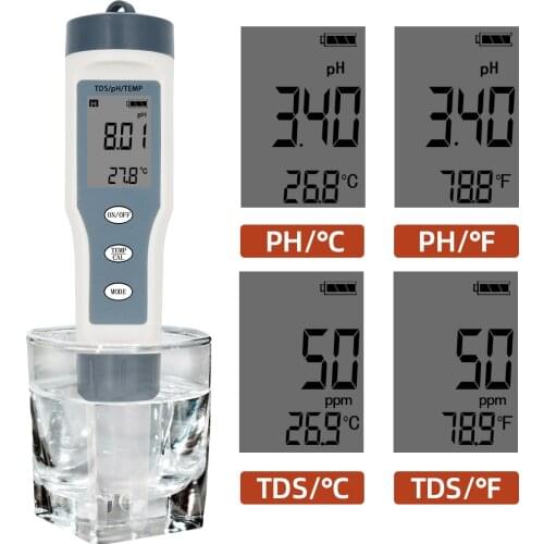 Digital TDS PH Temperature Meter 3 in 1 Water Quality Tester 0.01 0-14 PH Measurement Range 0-19990 PPM for Drinking Water Pools