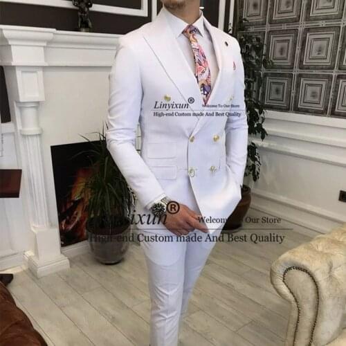 Double Breasted White Men Suits with Peaked Lapel Slim fit 2 piece Wedding Tuxedo Man Fashion Male Prom Costume Jacket Pants