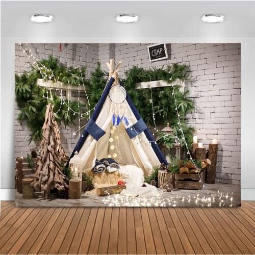 White Brick Wall Newborn Baby Kids Photo Background Printed camp Bulbs Green Garland Christmas Photocall Backdrop photo