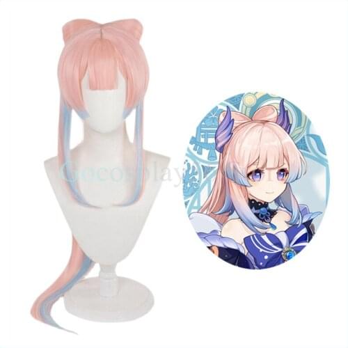 Genshin Impact Cosplay Kokomi Wig Gradient Blue 90cm Long Straight Ponytail Bow Heat Resistant Hair Role Play