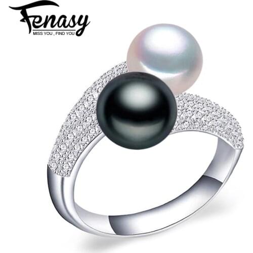 FENASY Pearl Jewelry Double Pearl Rings White Freshwater Pearl Rings 925 Silver Wedding Rings For Women