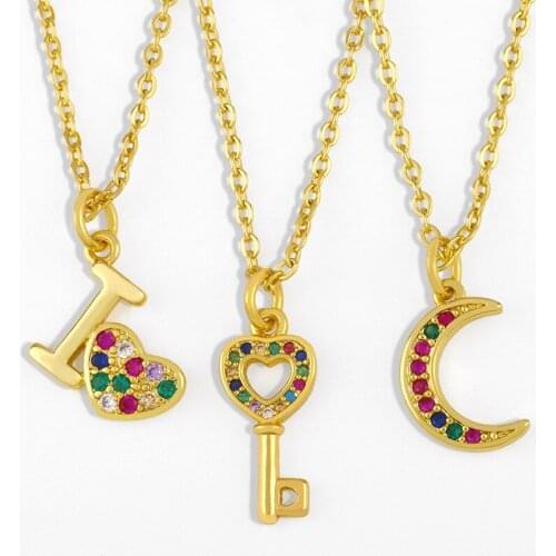 Fashion all-match simple temperament inlaid zircon rainbow womens necklace love moon key pendant necklace trend exquisite