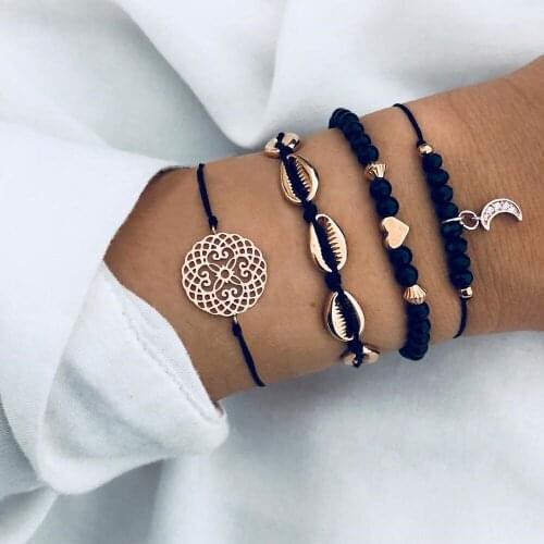 4 Pcs/Set Bohemia round Carving pendant Bracelets moon heart shell Black rope Chain gold Pendant Bracelets Set For Women Jewelry