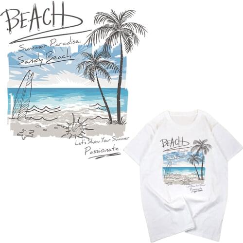 New beach view iron stickers on clothes sea tree iron on patches for T-shirt heat transfer vinyl DIY washable parches for bags