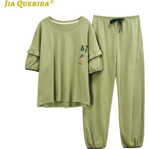 New Fashion Style Crew Neck Plus Size Homesuit Homeclothes Short Sleeve Long Pants Pajamas Set Pj Set Womens Pajamas Sleepwear