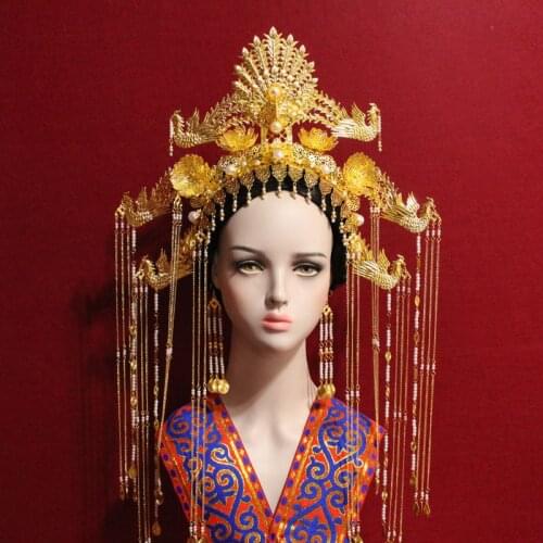 Original Handmade Vintage Chinese Bride Wedding Tiara 6 Phoenix Big Hair Tiara with Long Tassel Golden Hair Piece Hair Jewelry