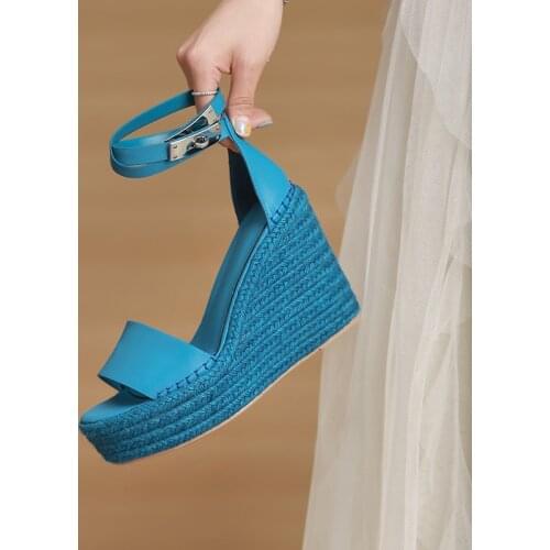 QZYERAI Summer Fashion Sandals Genuine Leather Women Sandals High Heels Wedges Shoes Woman Peep Toe Platform Womens Shoes 34-41