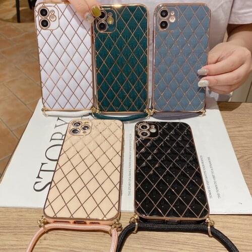 Luxury Gold Plating Geometric Phone Case for iPhone 12 Mini 11 Pro XS Max XR Necklace Cord Chain Hanging Rope Crossbody Cover