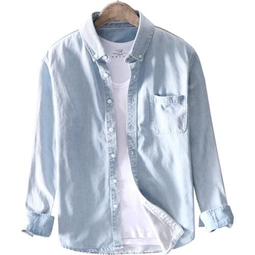 Spring New Mens Thin Lapel Denim Shirt High-quality Fashion Casual Long-sleeved Shirt Solid Color Classic Cotton Plus Size Top