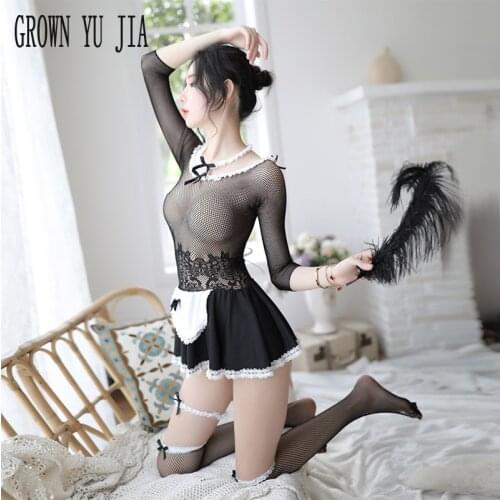 Sexy Women french maid uniforms hollow out net skirt stockings suit sexy cosplay costums erotic maid Hot Babydoll lingerie