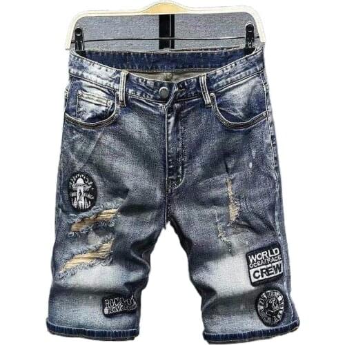 Thin denim shorts in summer, mens Korean version of slim pants with holes, young casual pants with knee length for men